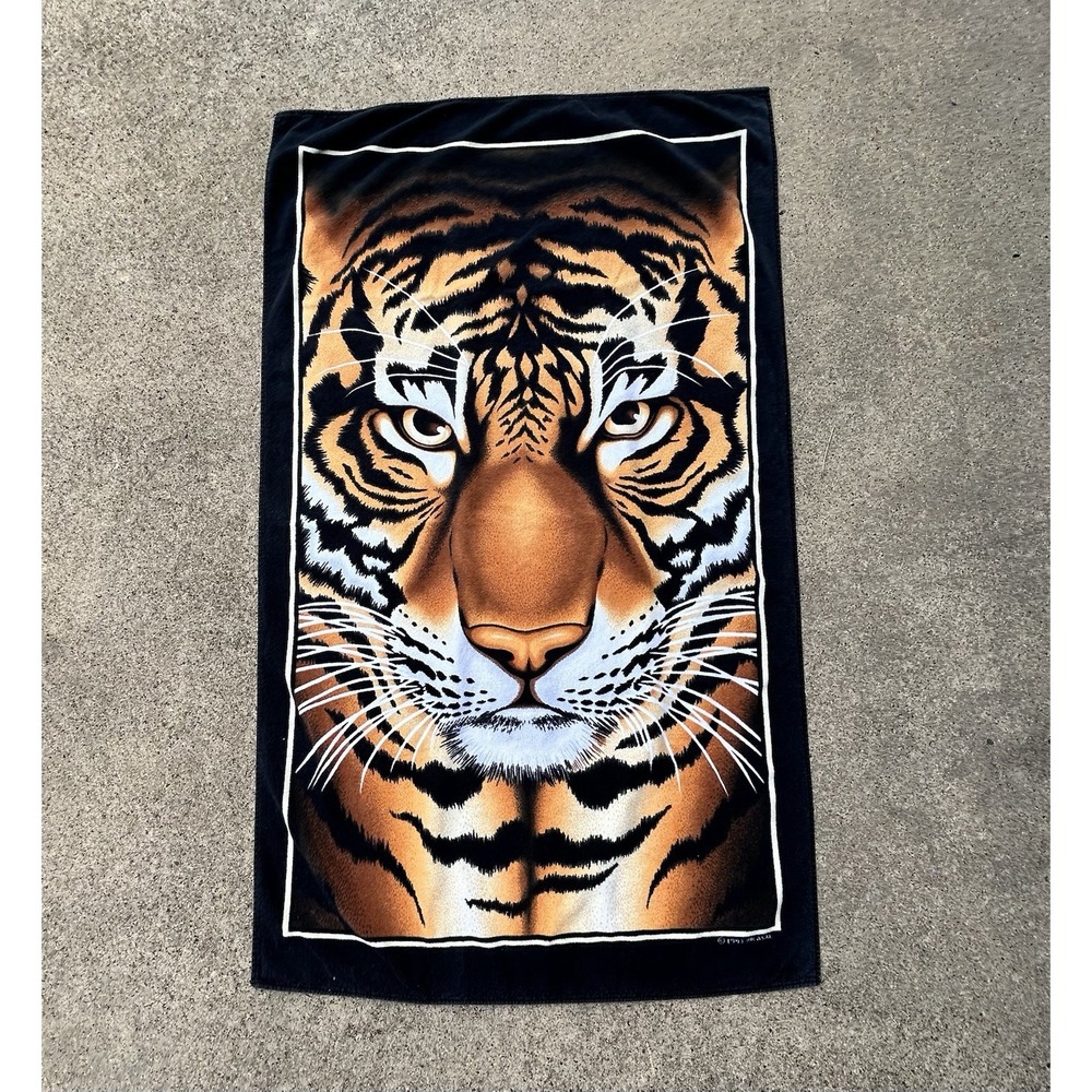 Vintage 1991 Hilasal Tiger Face Beach Towel 60"x35.25" Travel Pool Swim Vacation